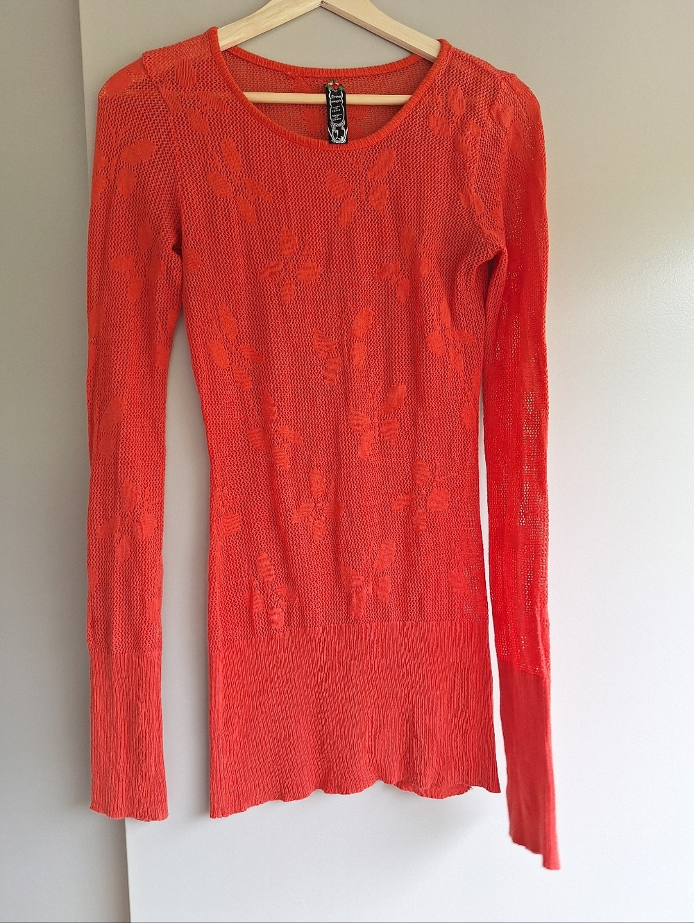 Free People Red Floral Mesh Knit Long Sleeve - Tag L (Fits S/M)